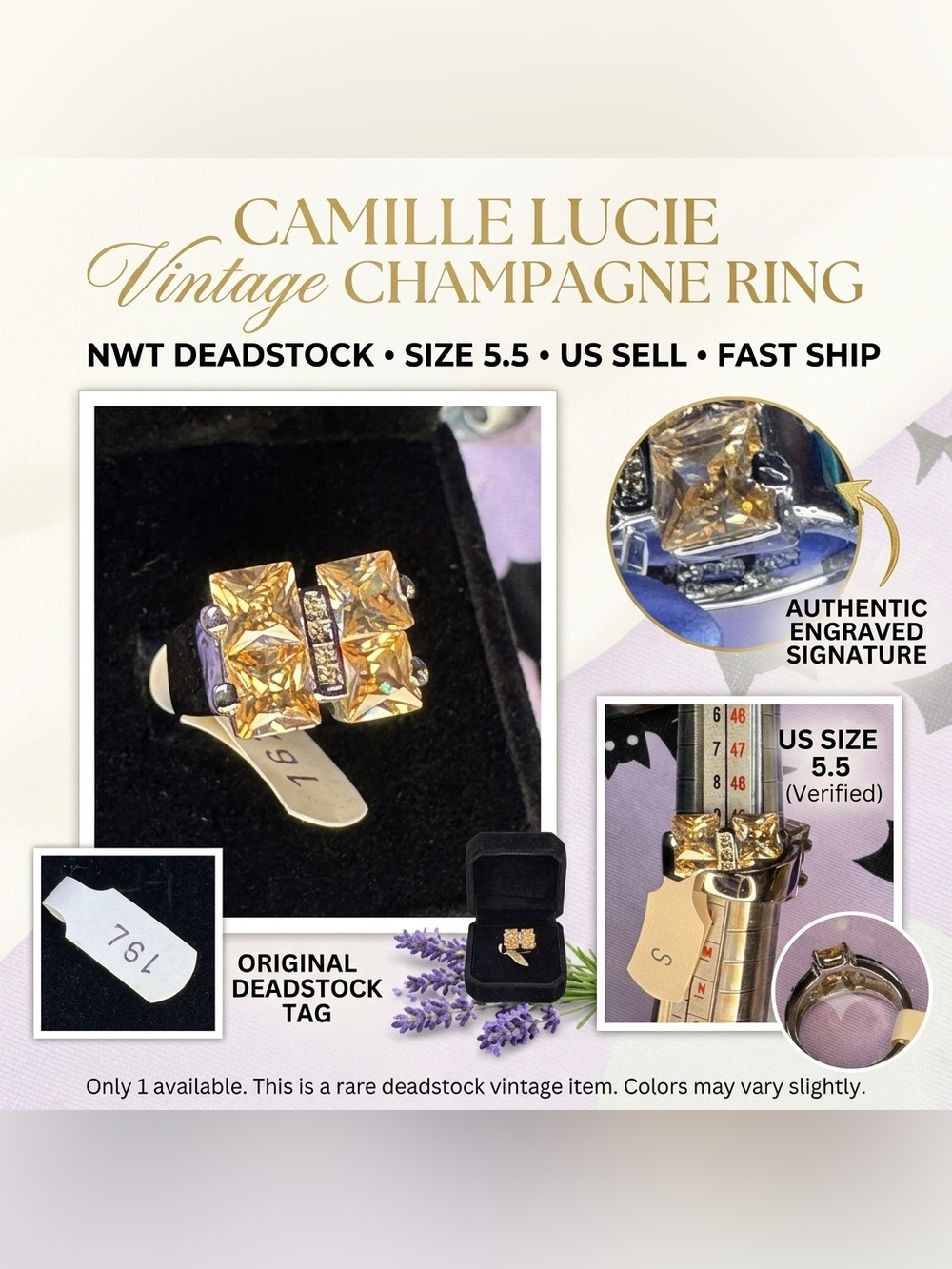 NWT Vintage Camille Lucie Champagne Crystal Statement Ring Size 5.5